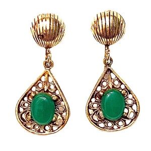 Vintage Green Stone Dangle Earrings Gold Clip On